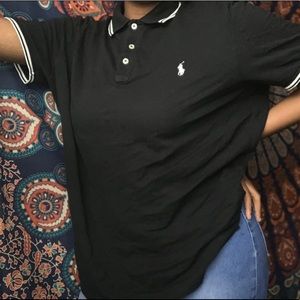 •Black button up polo shirt
